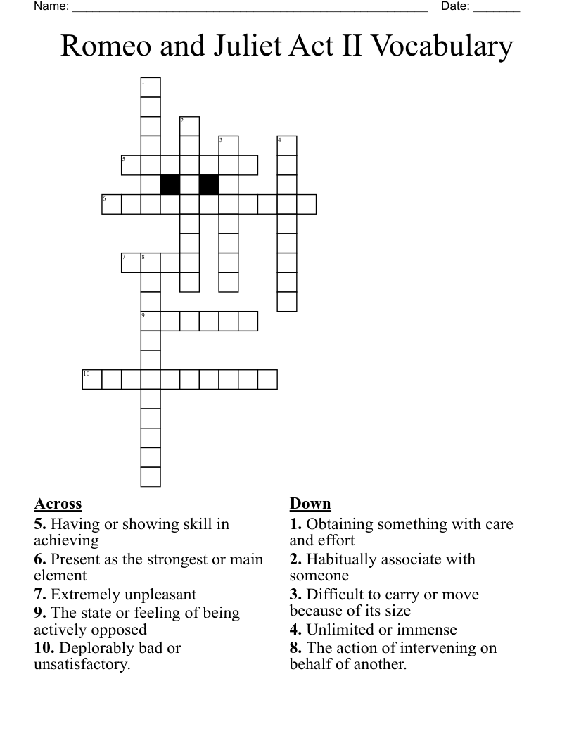 Romeo and Juliet Act II Vocabulary Crossword
