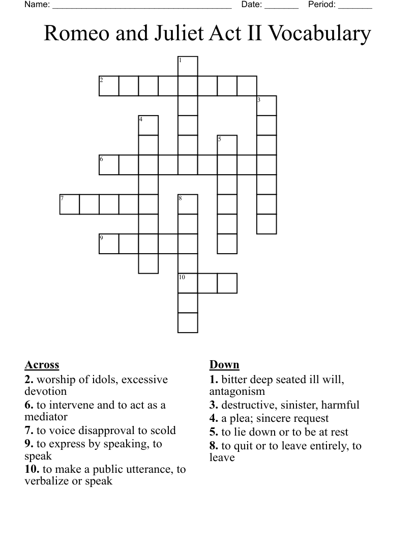 Romeo and Juliet Act II Vocabulary Crossword