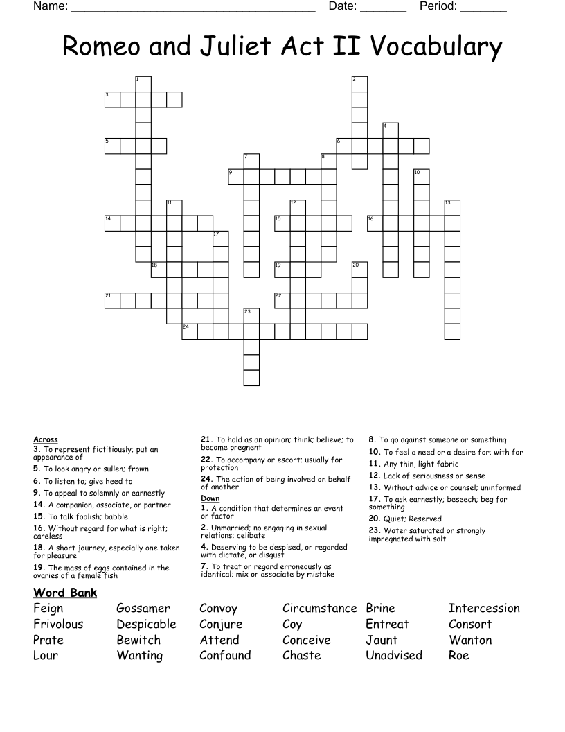 Romeo and Juliet Act II Vocabulary  Crossword