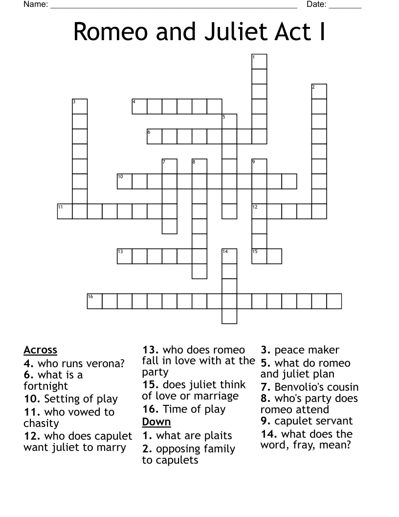 Romeo and Juliet Act I Crossword