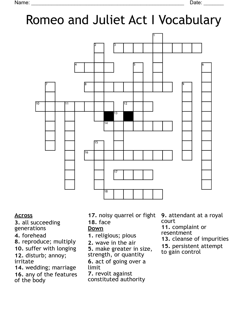 Romeo and Juliet Act I Vocabulary Crossword