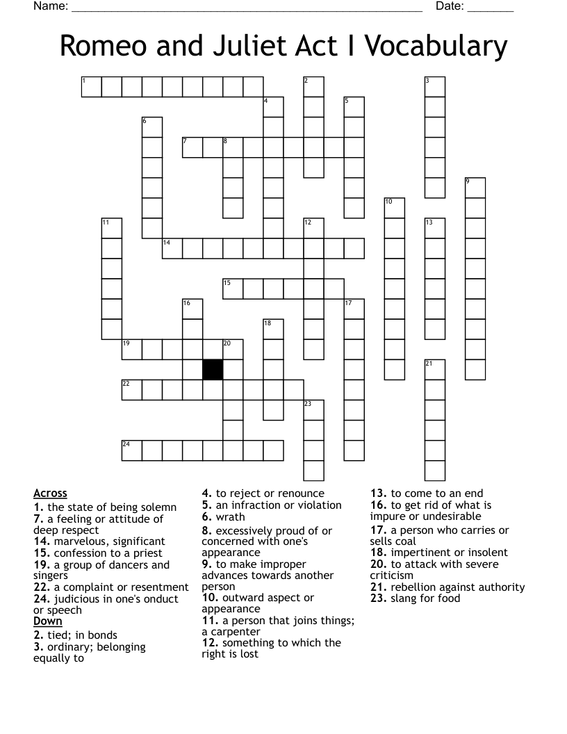 Romeo and Juliet Act I Vocabulary Crossword