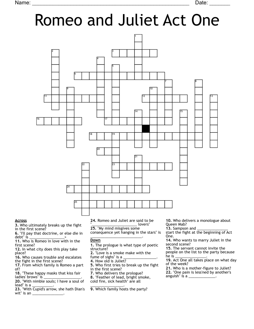 Romeo and Juliet Act One Crossword