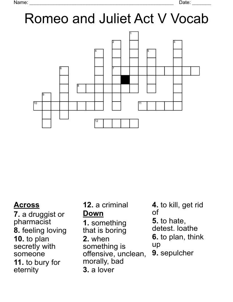 Romeo and Juliet Act V Vocab Crossword
