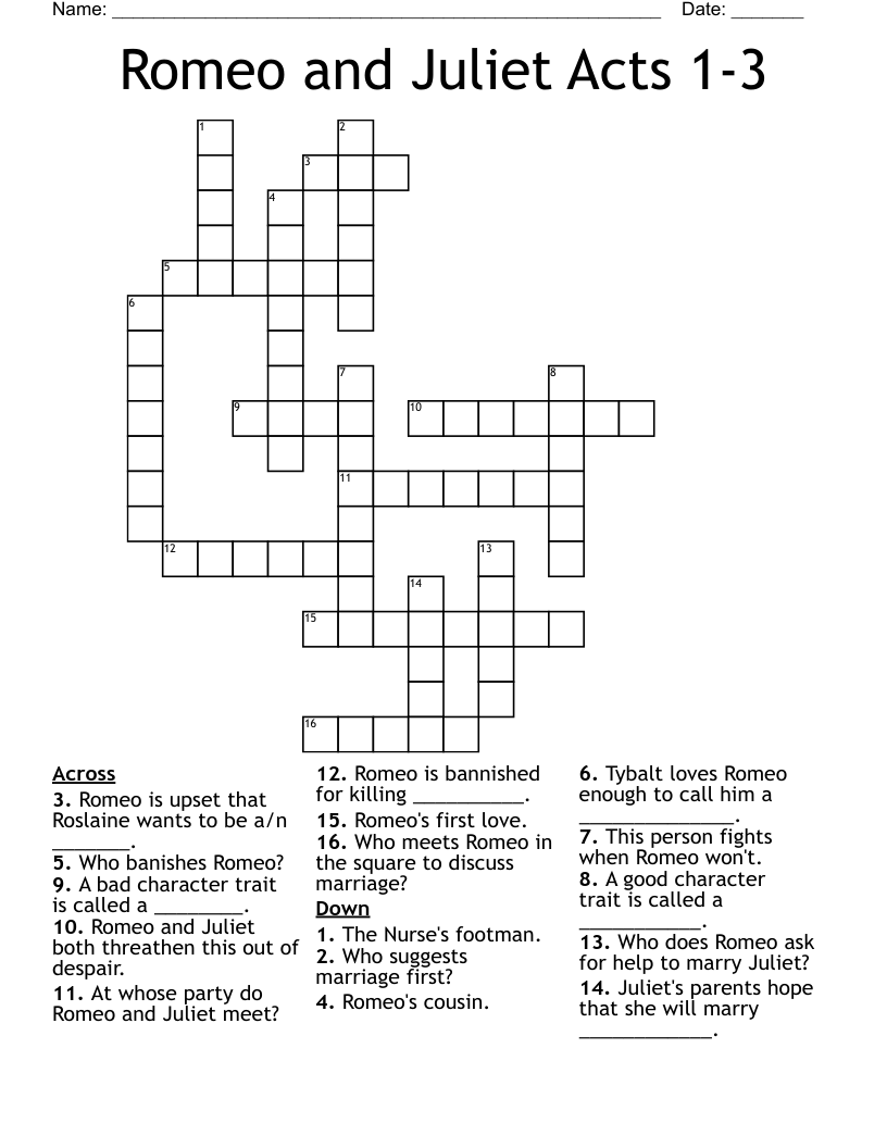 Romeo and Juliet Acts 1-3 Crossword