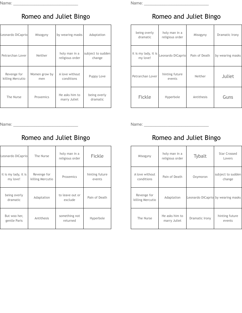 Romeo and Juliet Bingo