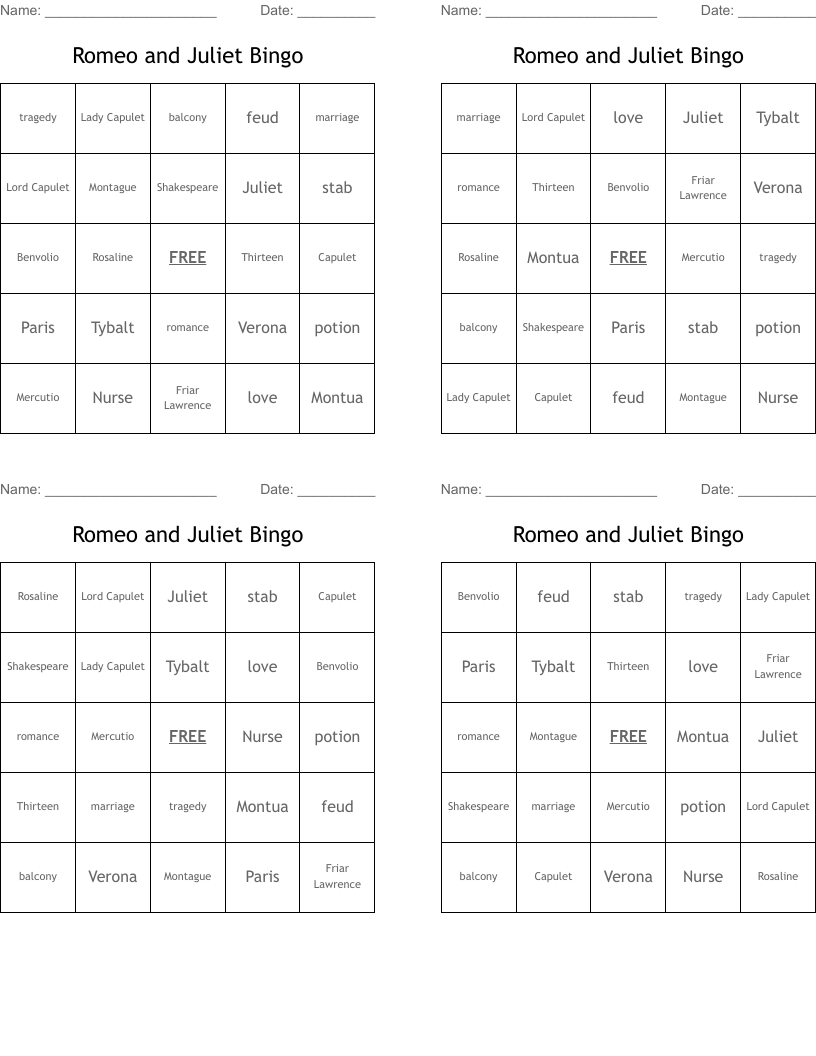 Romeo and Juliet Bingo