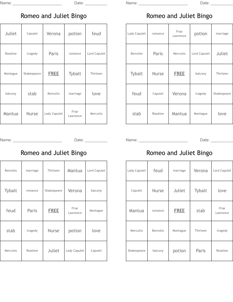 Romeo and Juliet Bingo