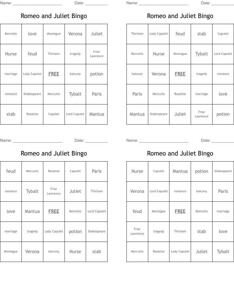 Romeo and Juliet Bingo