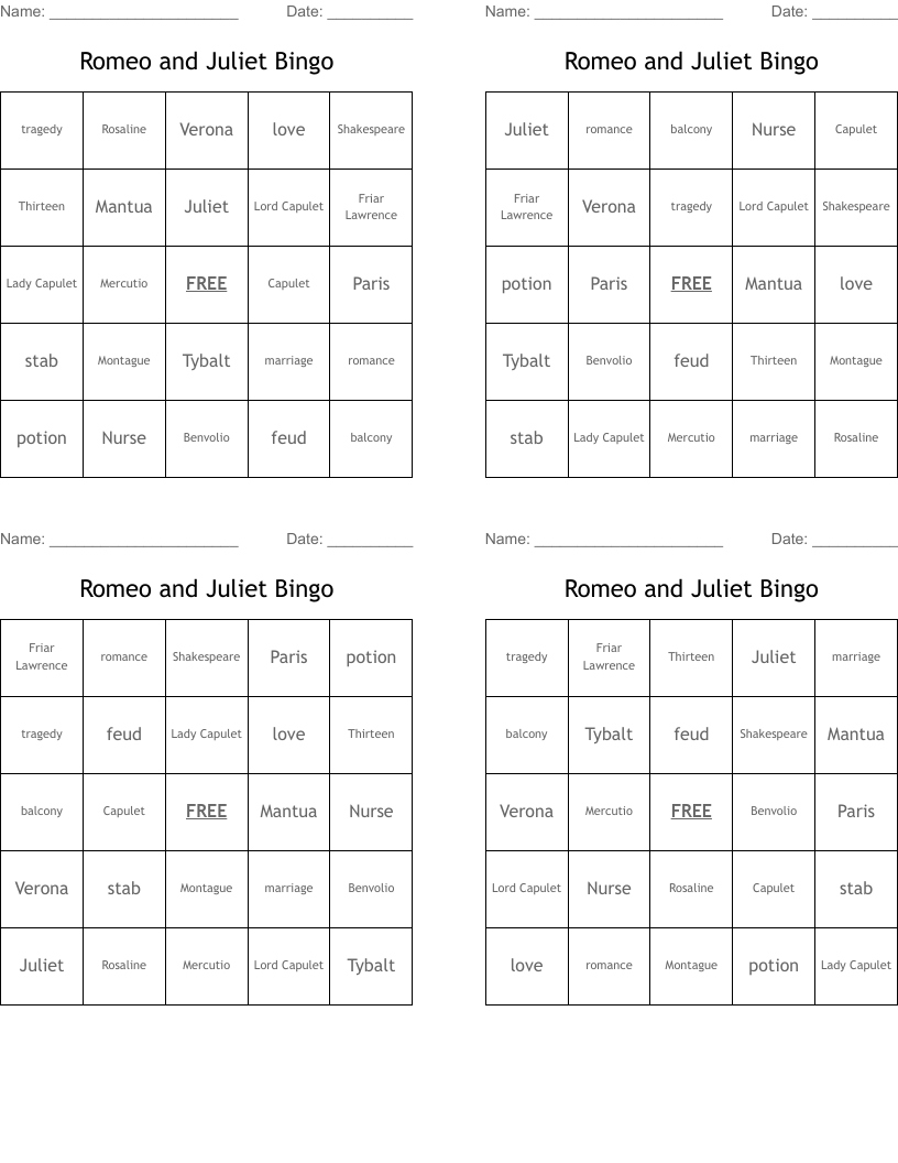 Romeo and Juliet Bingo
