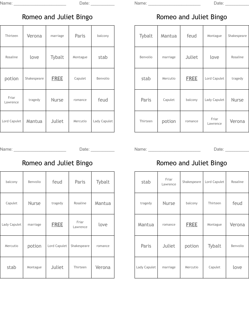 Romeo and Juliet Bingo