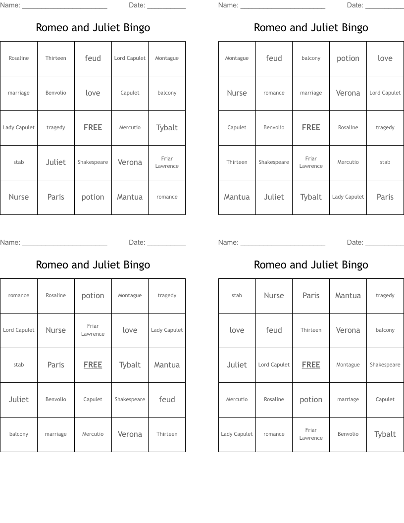 Romeo and Juliet Bingo 