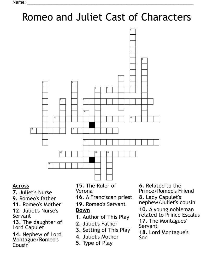 Romeo and Juliet Cast of Characters Crossword