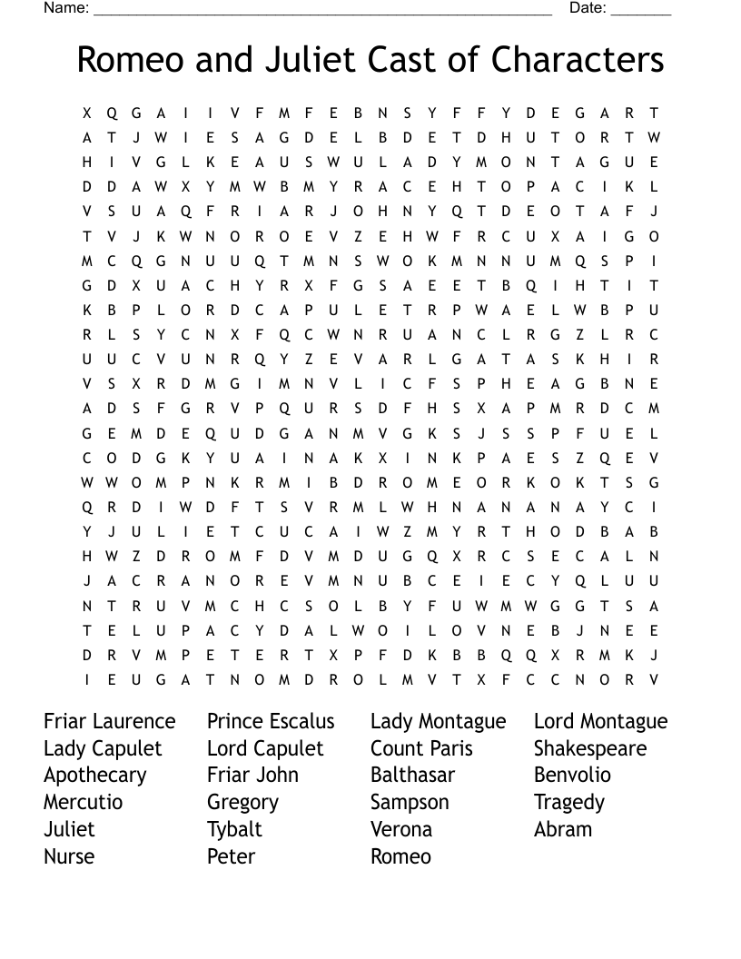 Romeo and Juliet Cast of Characters Word Search