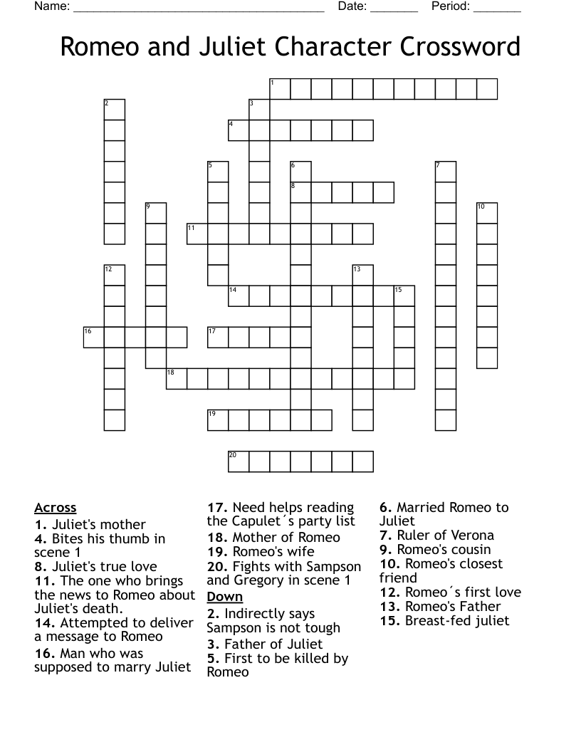 Romeo and Juliet Character Crossword