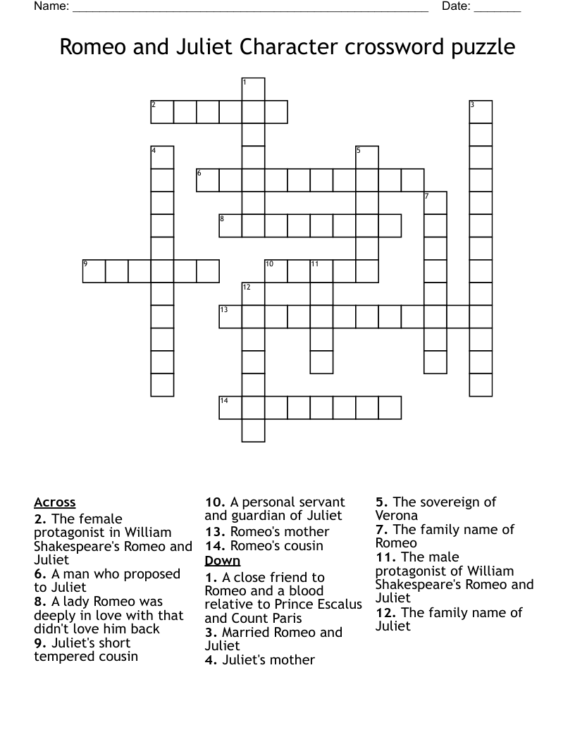 Romeo and Juliet Character crossword puzzle