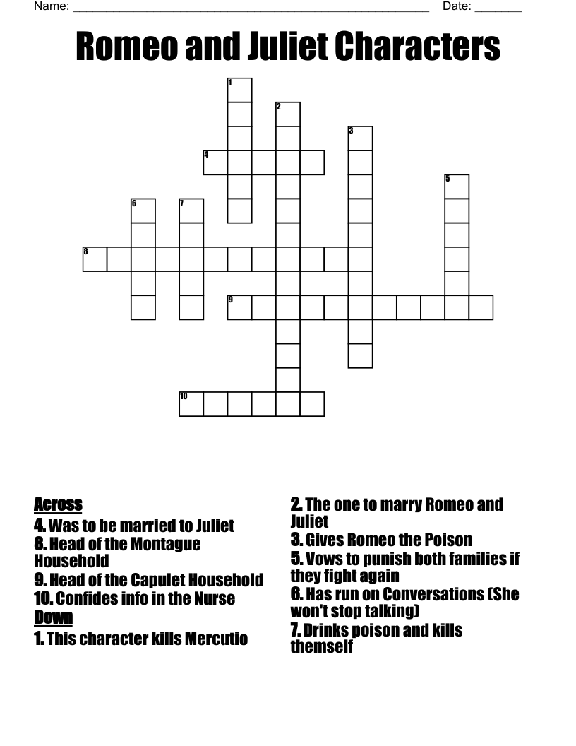 Romeo and Juliet Characters Crossword