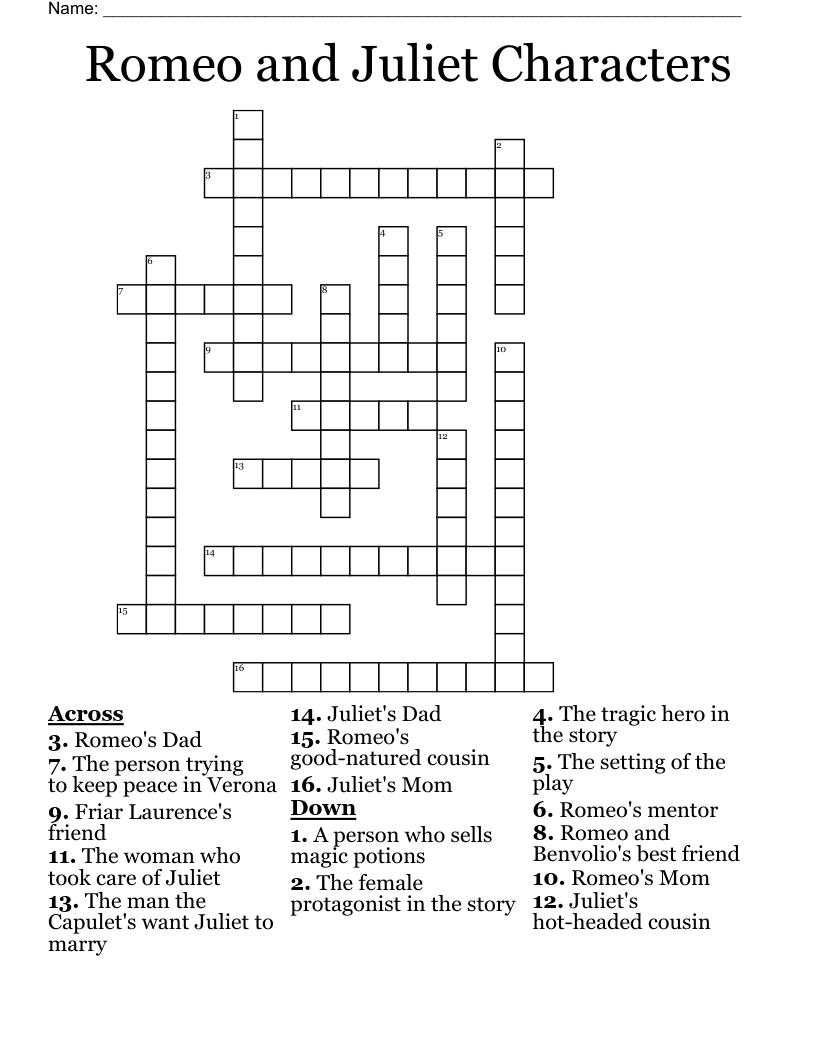 Romeo and Juliet Characters Crossword