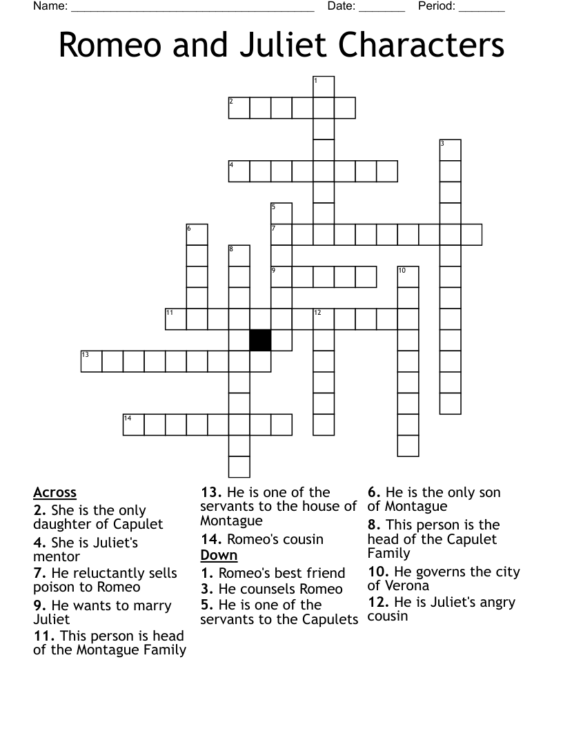 Romeo and Juliet Characters Crossword