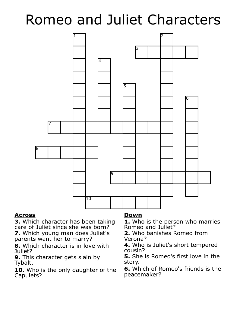 Romeo and Juliet Characters Crossword