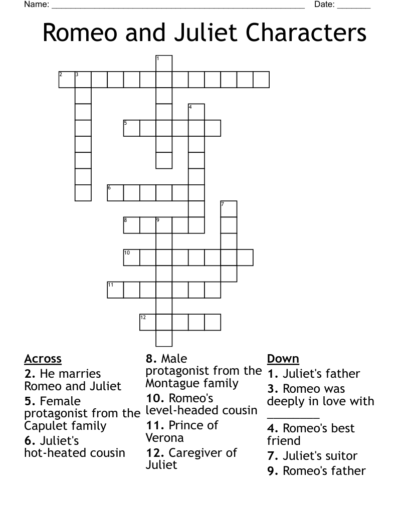 Romeo and Juliet Characters Crossword