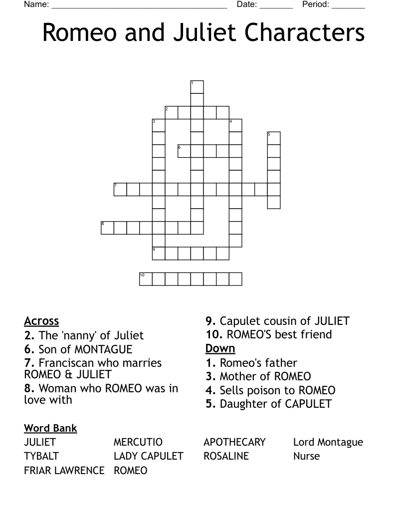 Romeo and Juliet Characters Crossword