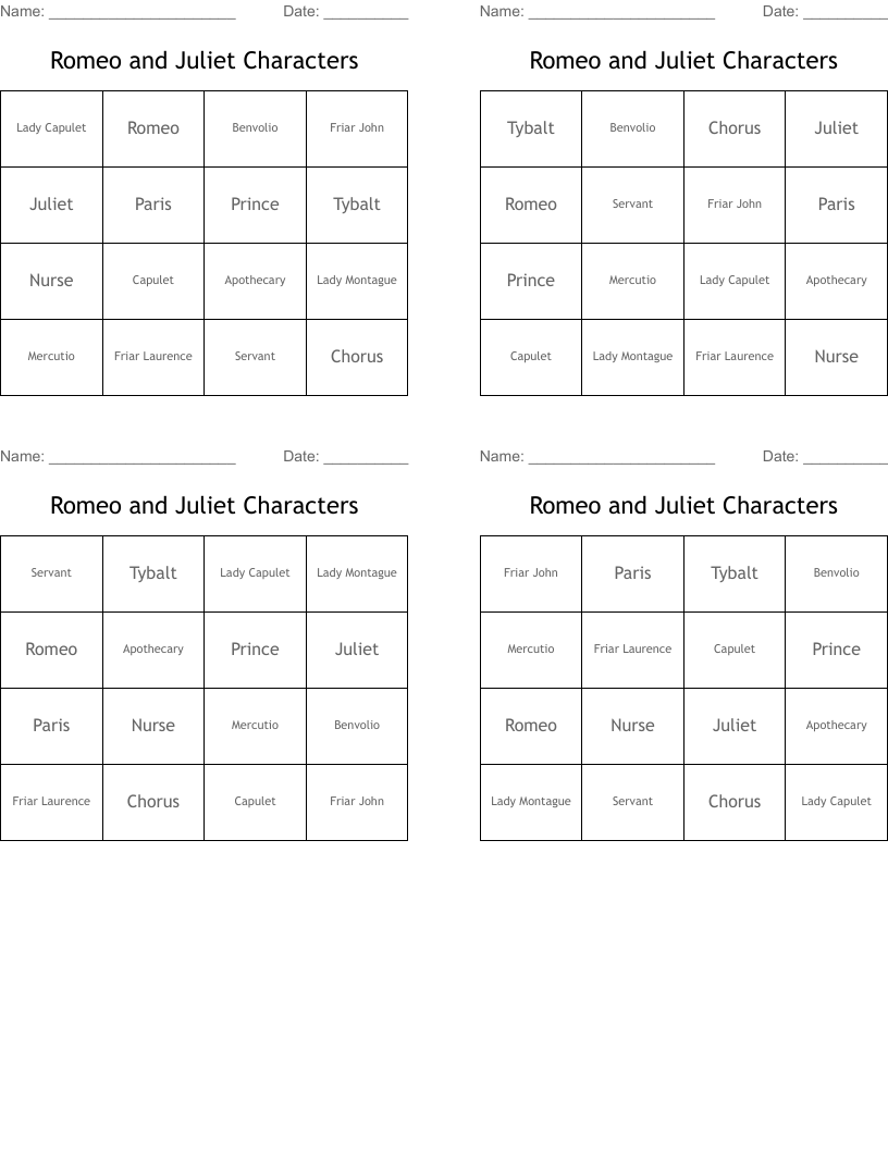 Romeo and Juliet Characters Bingo Cards