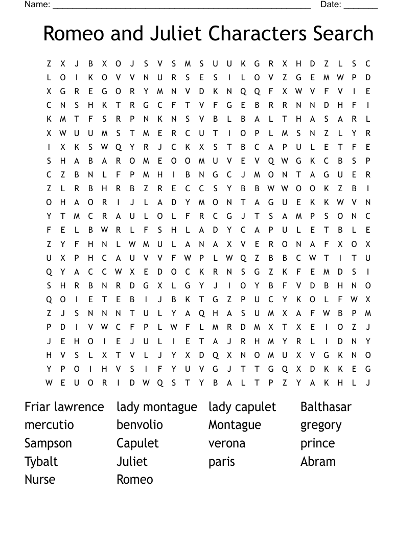 Romeo and Juliet Characters Search Word Search
