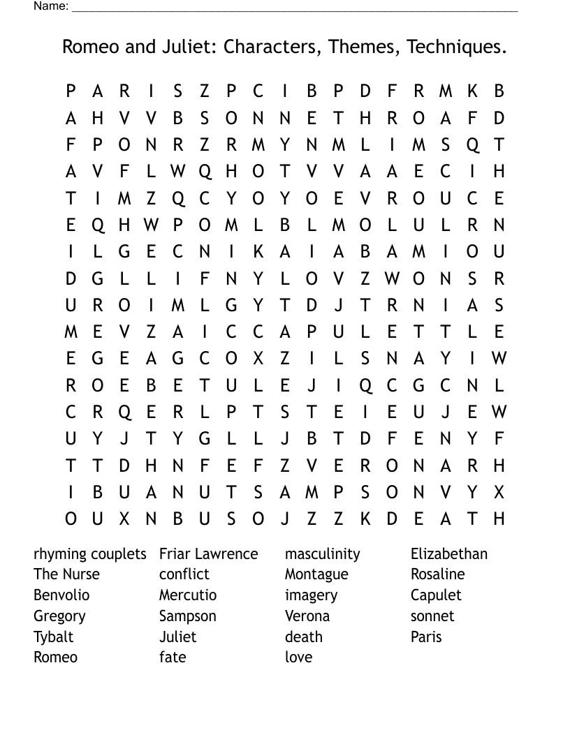 Romeo and Juliet: Characters, Themes, Techniques.  Word Search
