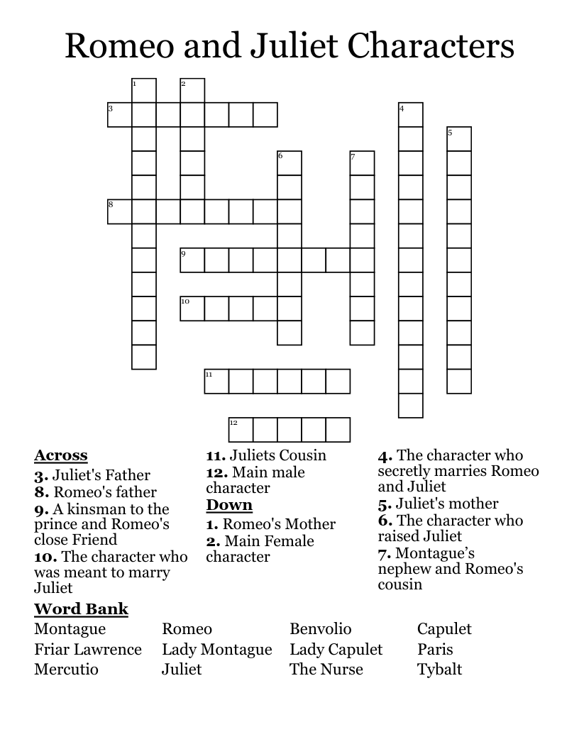 Romeo and Juliet Characters  Crossword