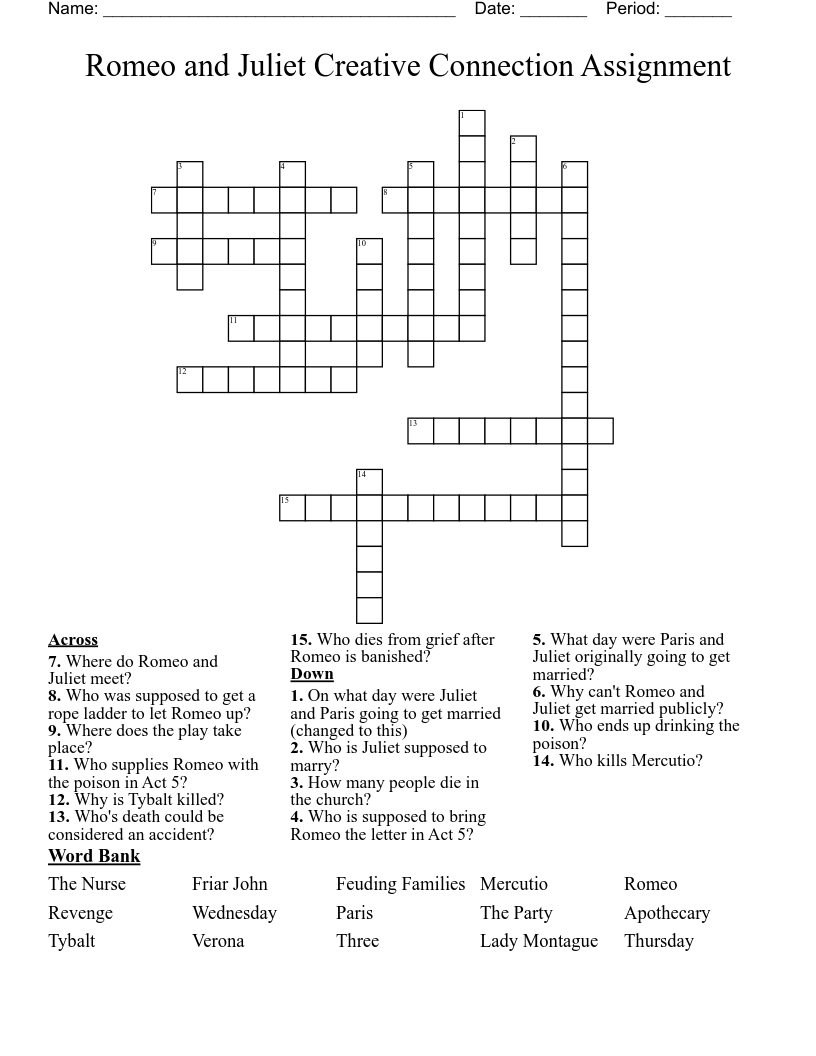 Romeo and Juliet Creative Connection Assignment Crossword