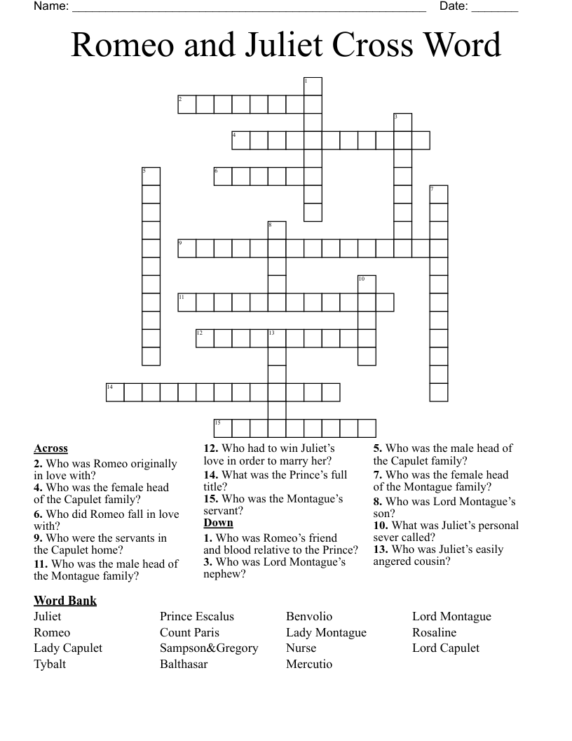 Romeo and Juliet Cross Word