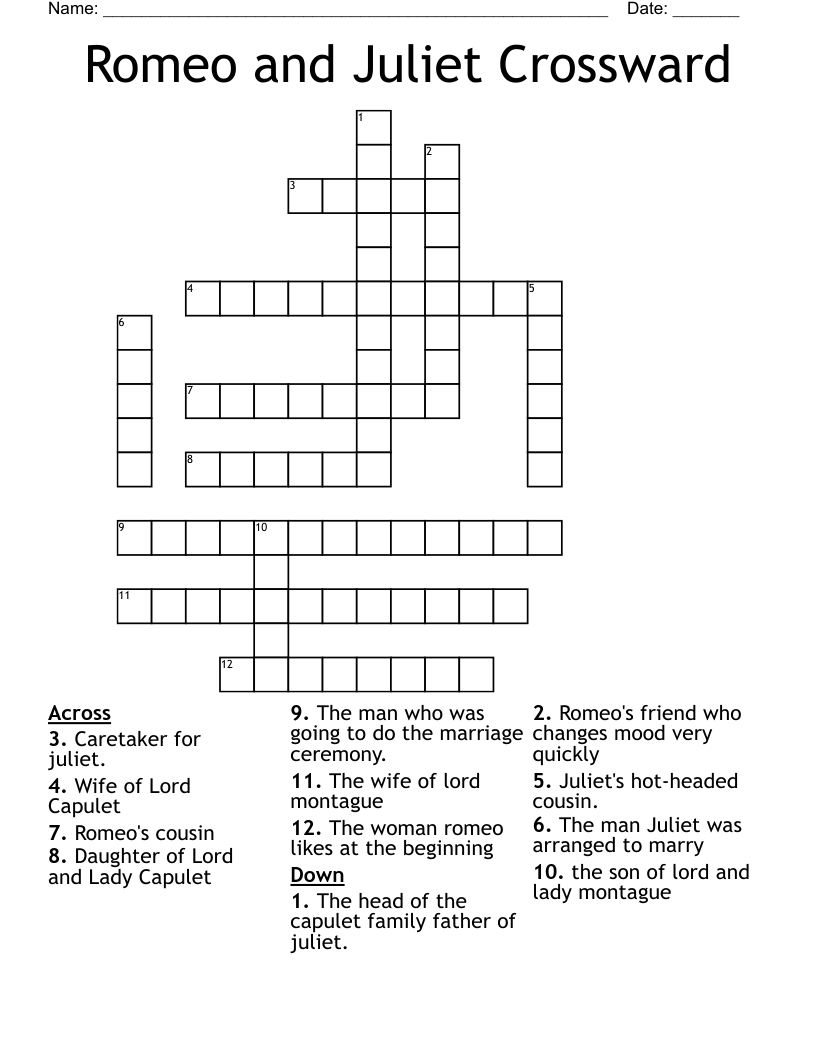 Romeo and Juliet Crossward Crossword