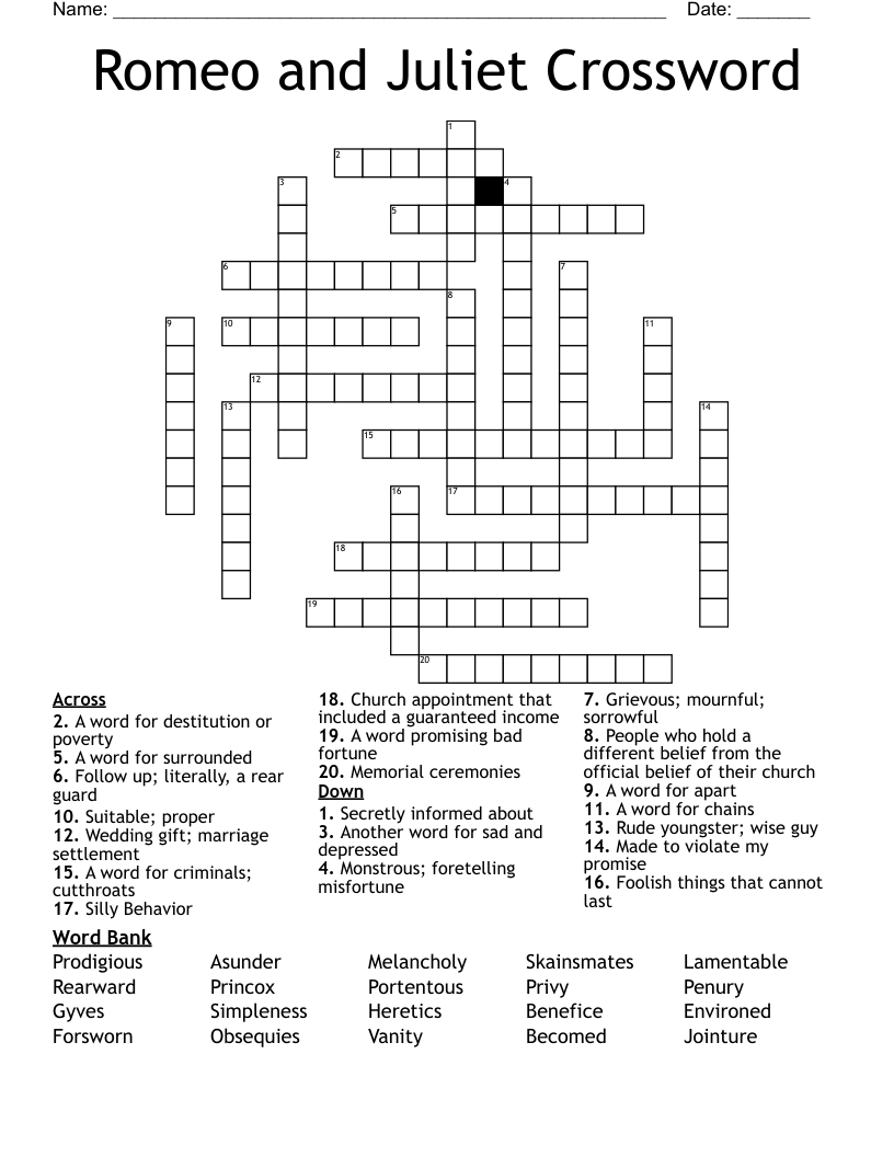 Romeo and Juliet Crossword