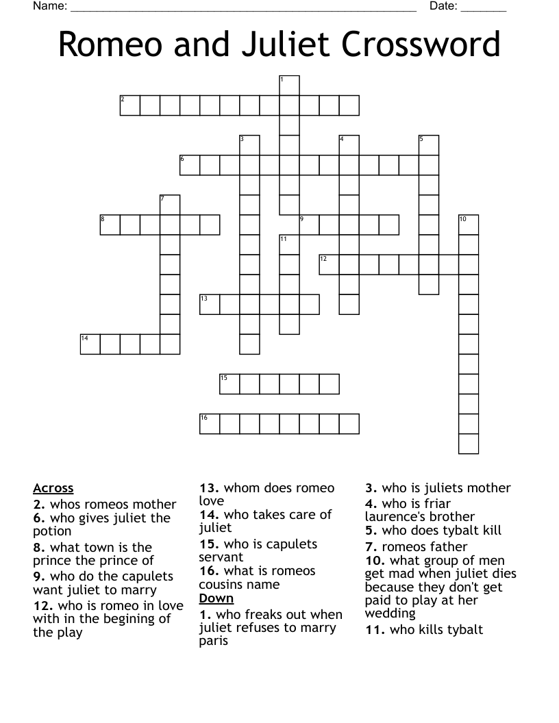 Romeo and Juliet Crossword