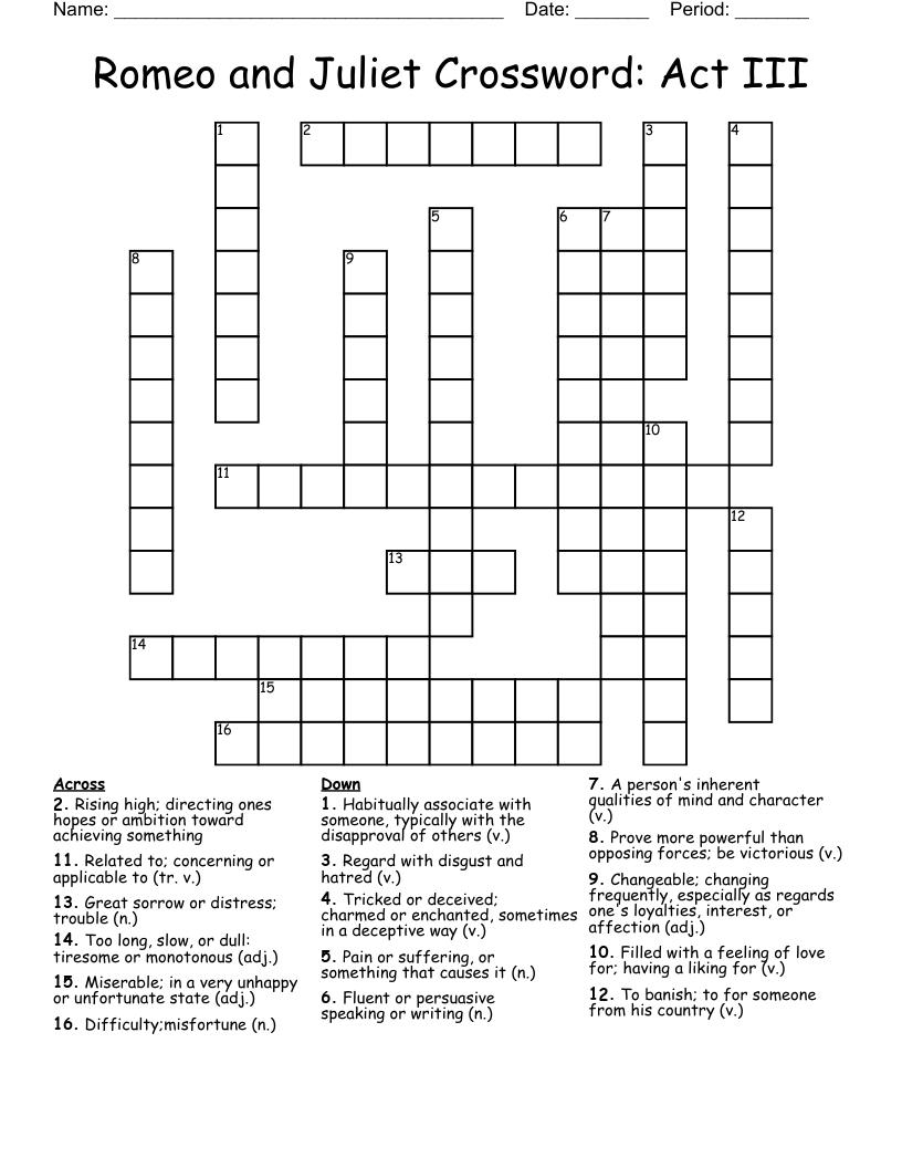 Romeo and Juliet Crossword: Act III