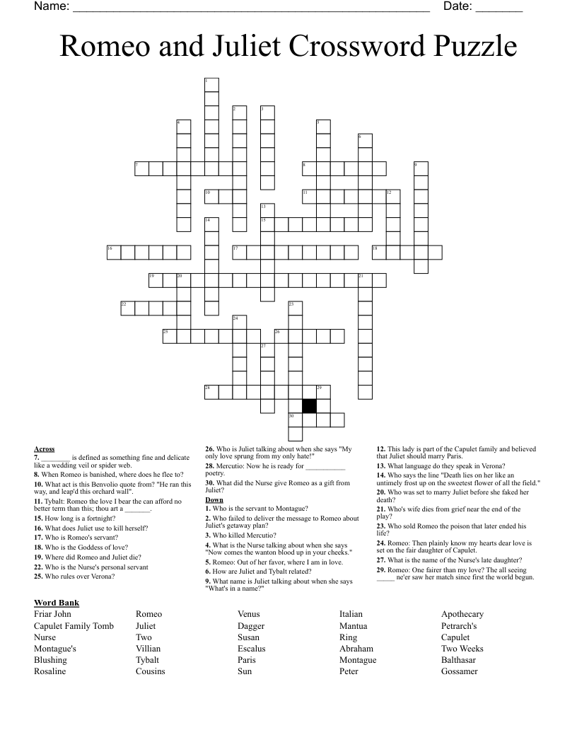 Romeo and Juliet Crossword Puzzle