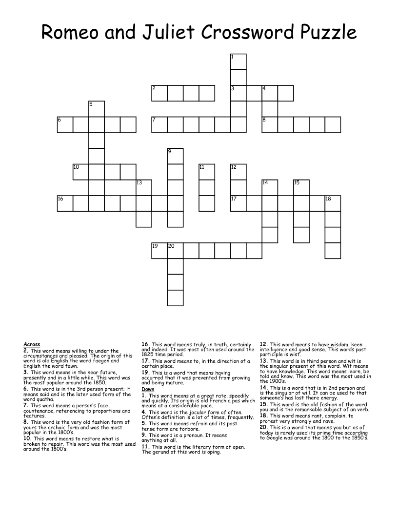 Romeo and Juliet Crossword Puzzle
