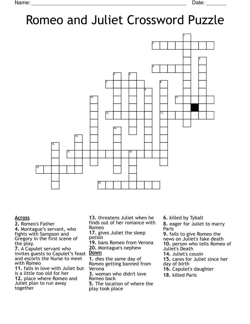 Romeo and Juliet Crossword Puzzle