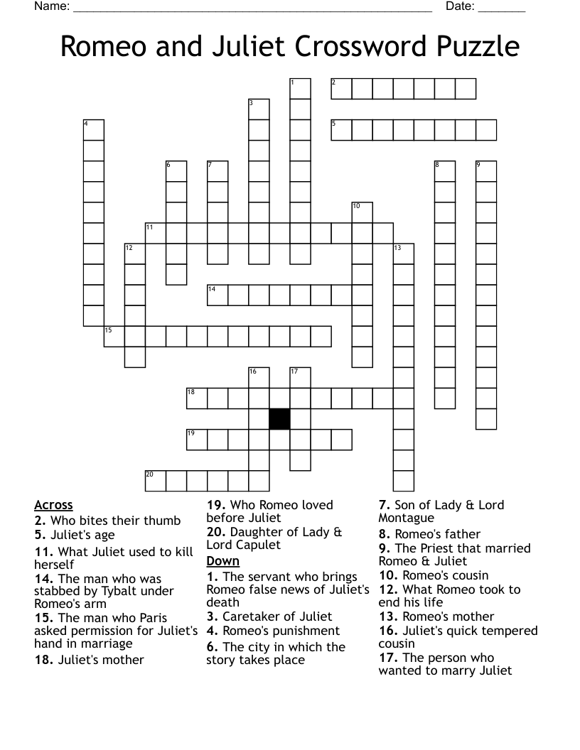 Romeo and Juliet Crossword Puzzle