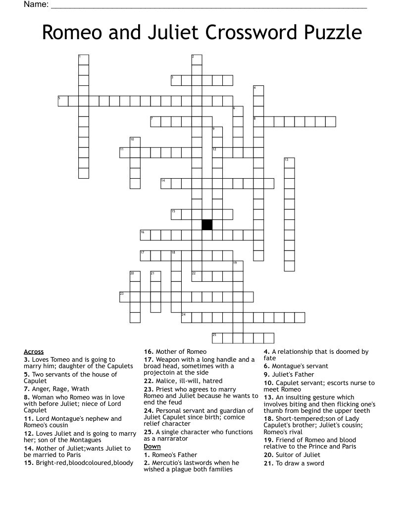 Romeo and Juliet Crossword Puzzle