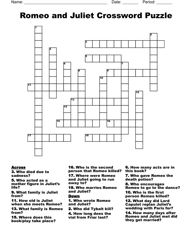 Romeo and Juliet Crossword Puzzle