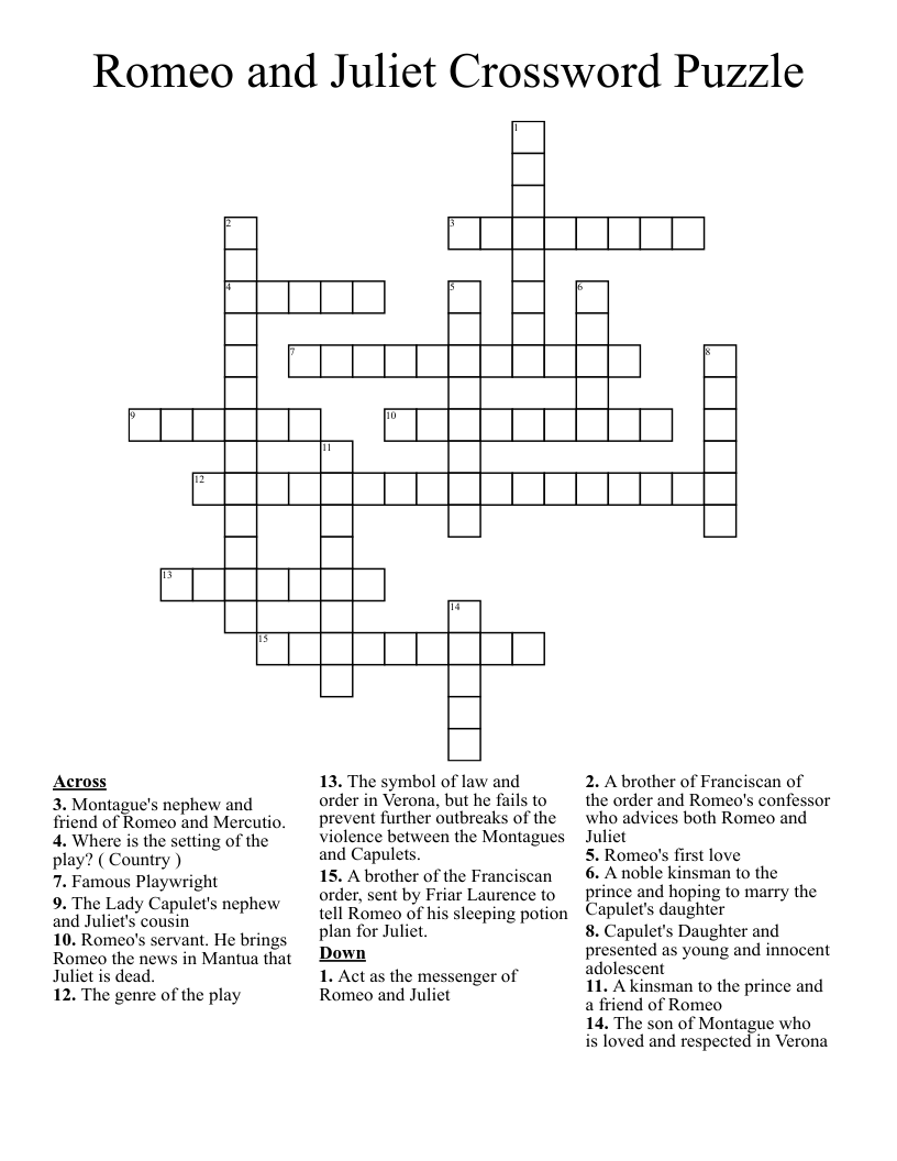 Romeo and Juliet Crossword Puzzle