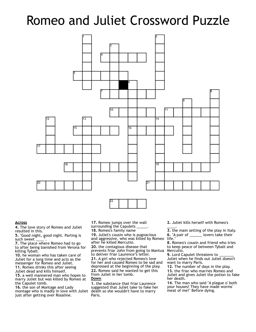Romeo and Juliet Crossword Puzzle