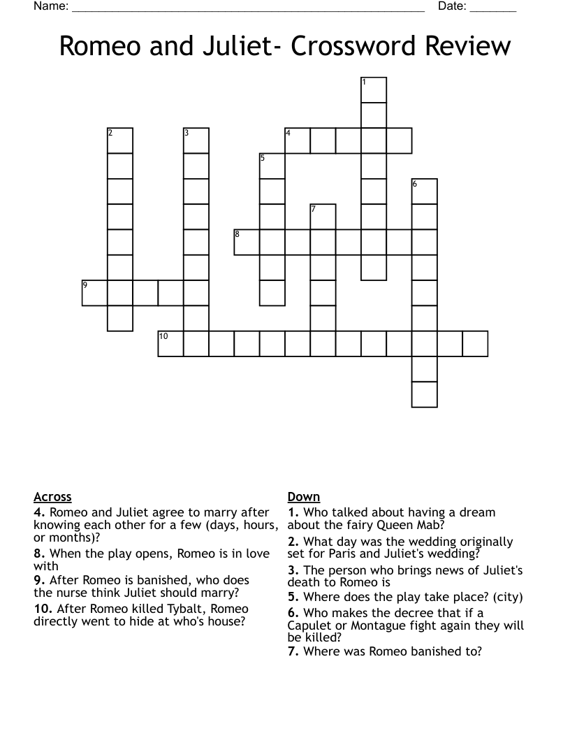 Romeo and Juliet- Crossword Review