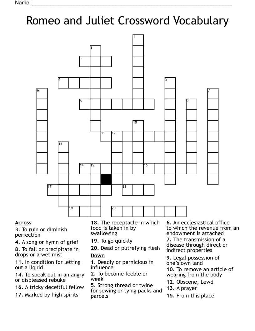 Romeo and Juliet Crossword Vocabulary