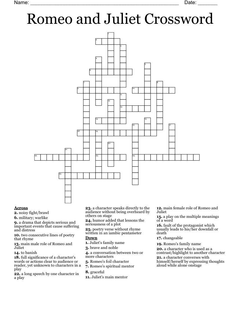 Romeo and Juliet Crossword 