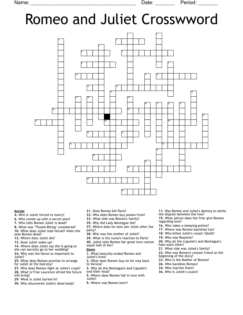 Romeo and Juliet Crosswword Crossword