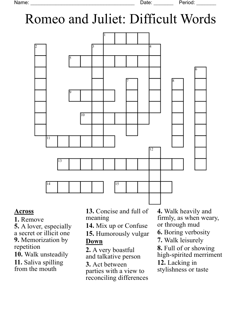 Romeo and Juliet: Difficult Words Crossword
