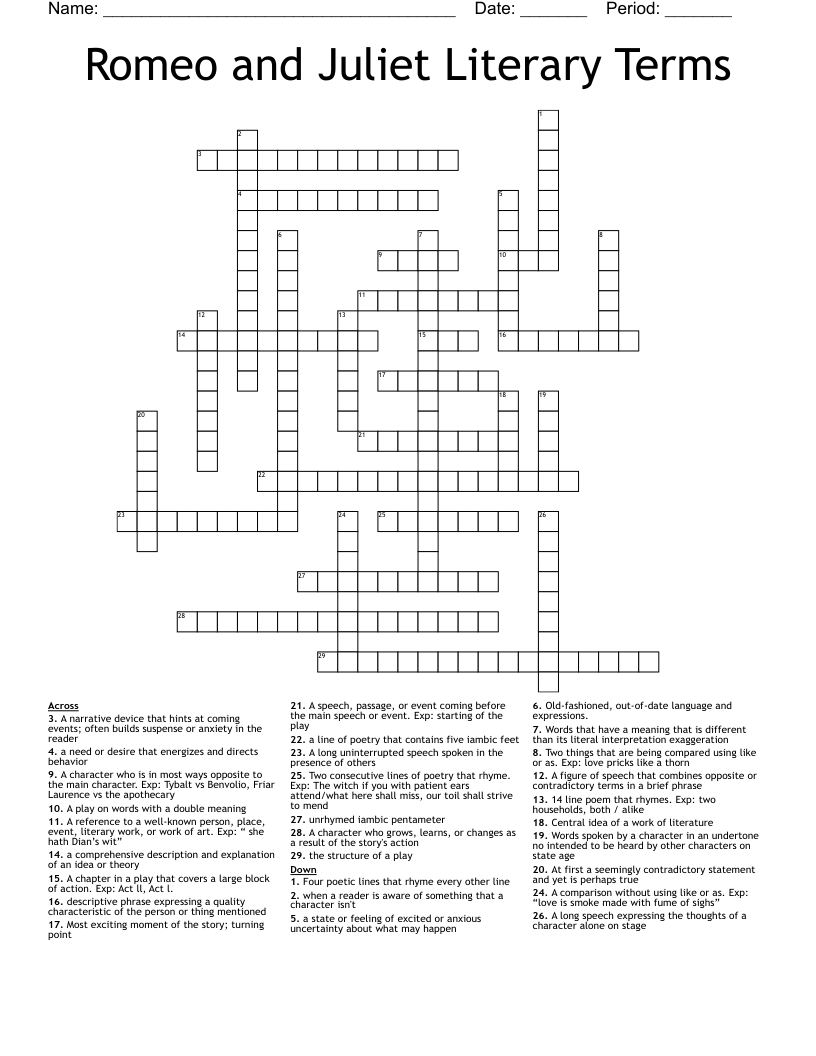 Romeo and Juliet Literary Terms Crossword